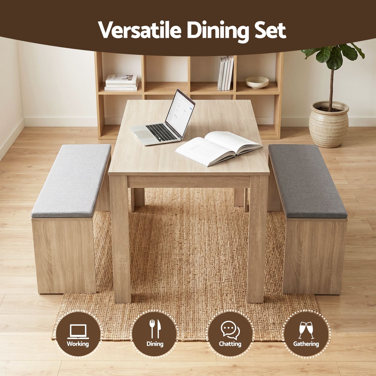 Artiss 3‑Piece Dining Set – 120cm Oak Table + 2 Faux Linen Chairs, Modern Design