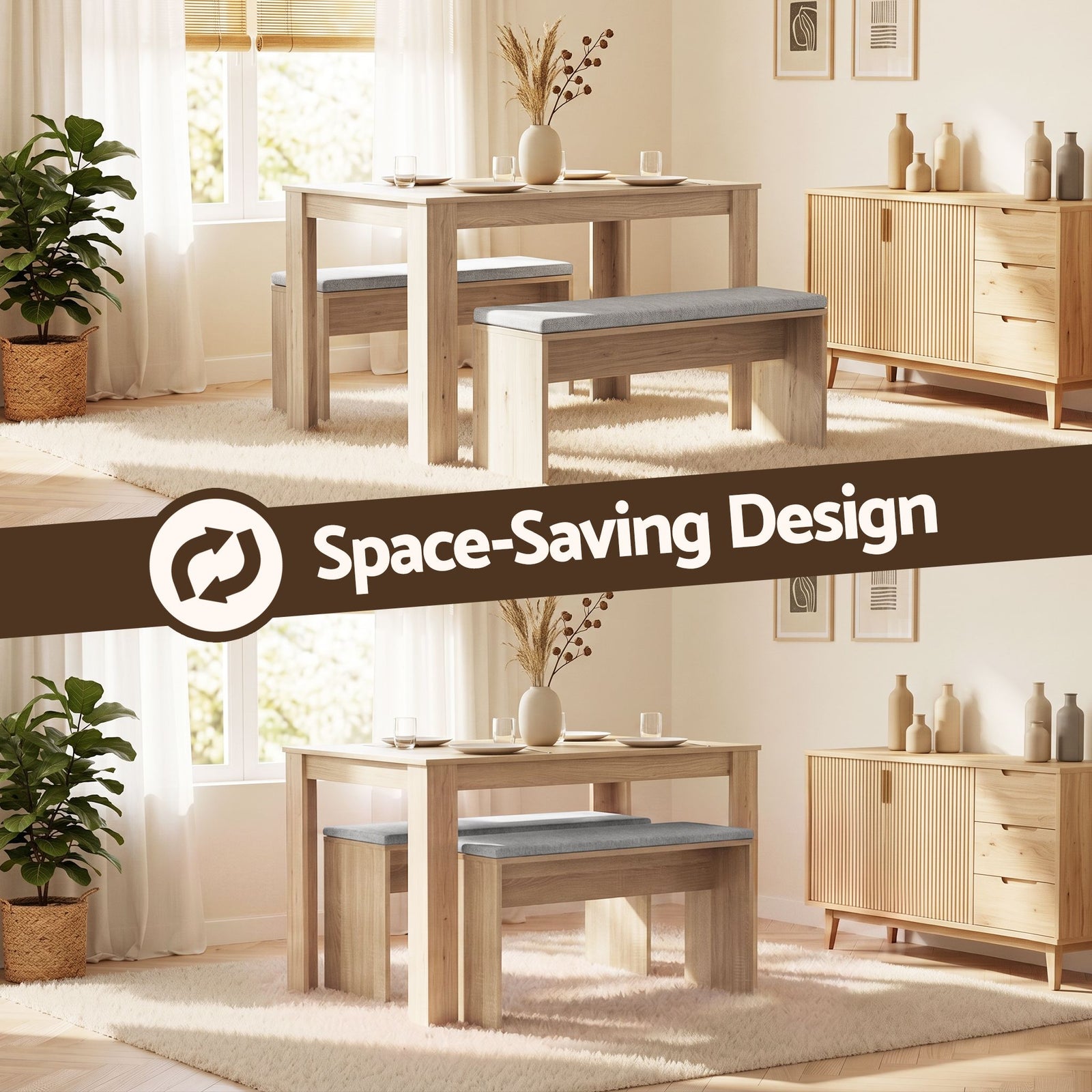 Artiss 3‑Piece Dining Set – 120cm Oak Table + 2 Faux Linen Chairs, Modern Design