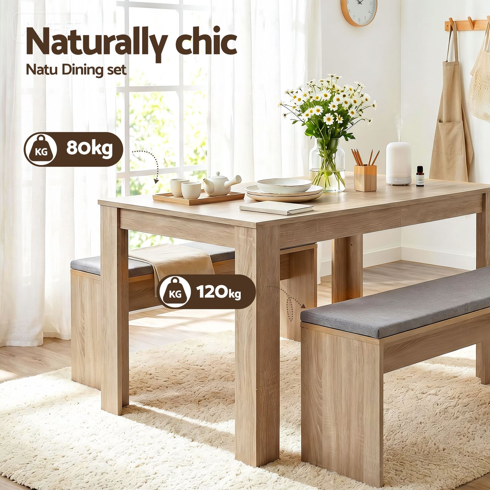 Artiss 3‑Piece Dining Set – 120cm Oak Table + 2 Faux Linen Chairs, Modern Design