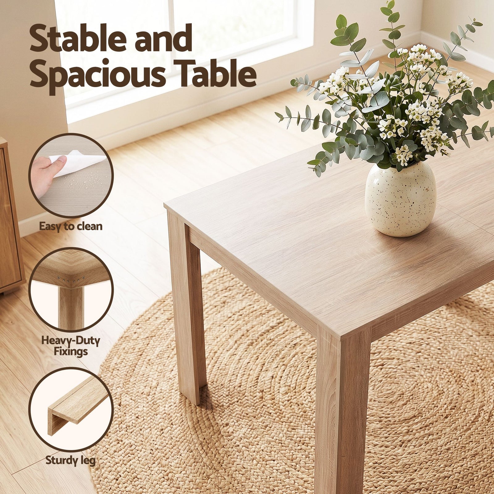 Artiss 3‑Piece Dining Set – 120cm Oak Table + 2 Faux Linen Chairs, Modern Design