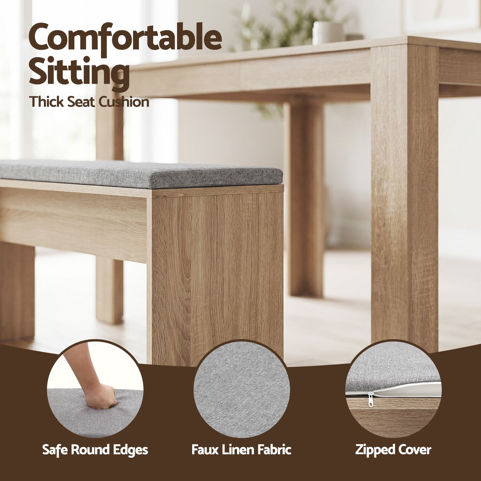 Artiss 3‑Piece Dining Set – 120cm Oak Table + 2 Faux Linen Chairs, Modern Design
