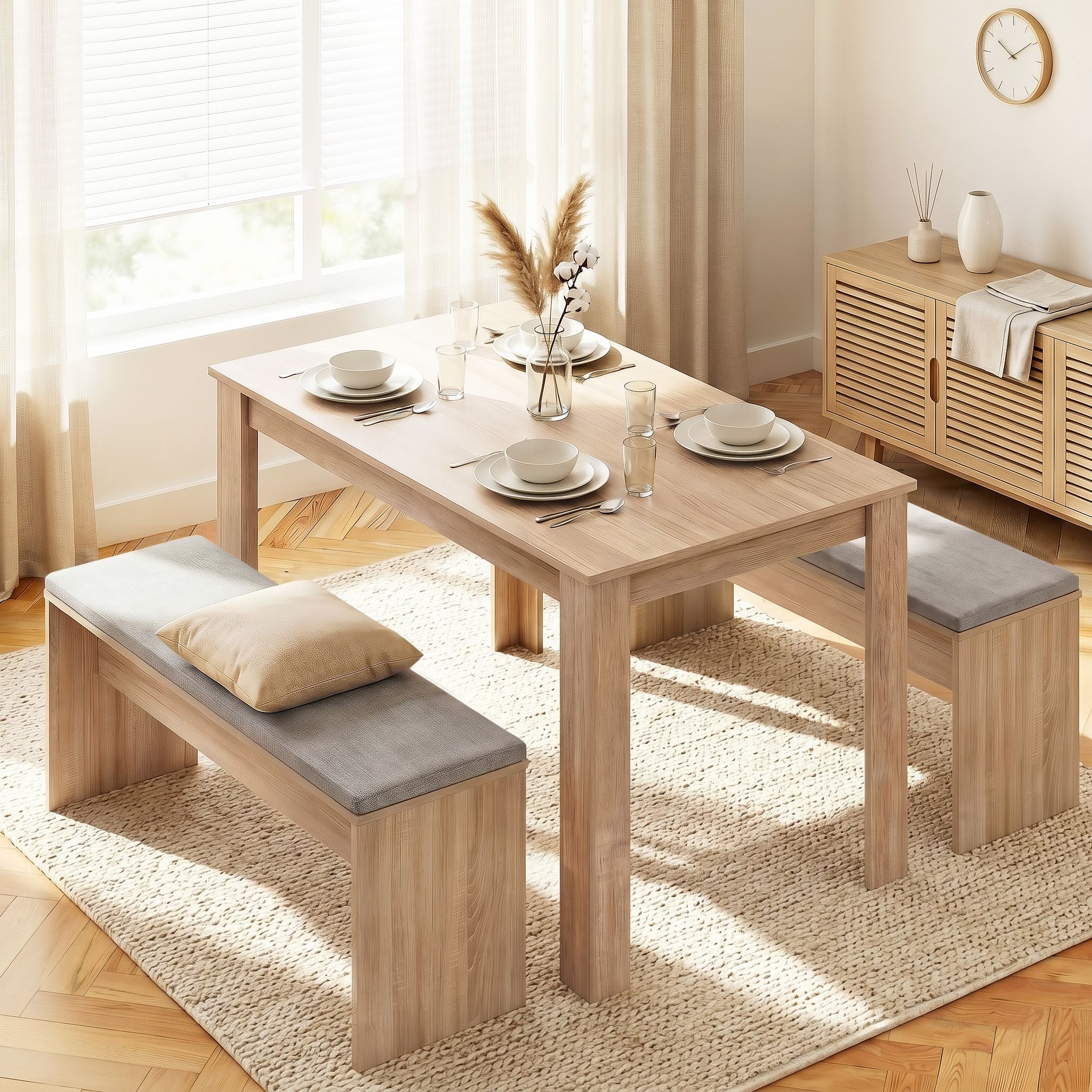 3‑Piece Dining Set – 120cm Oak Table + 2 Faux Linen Chairs, Modern Design