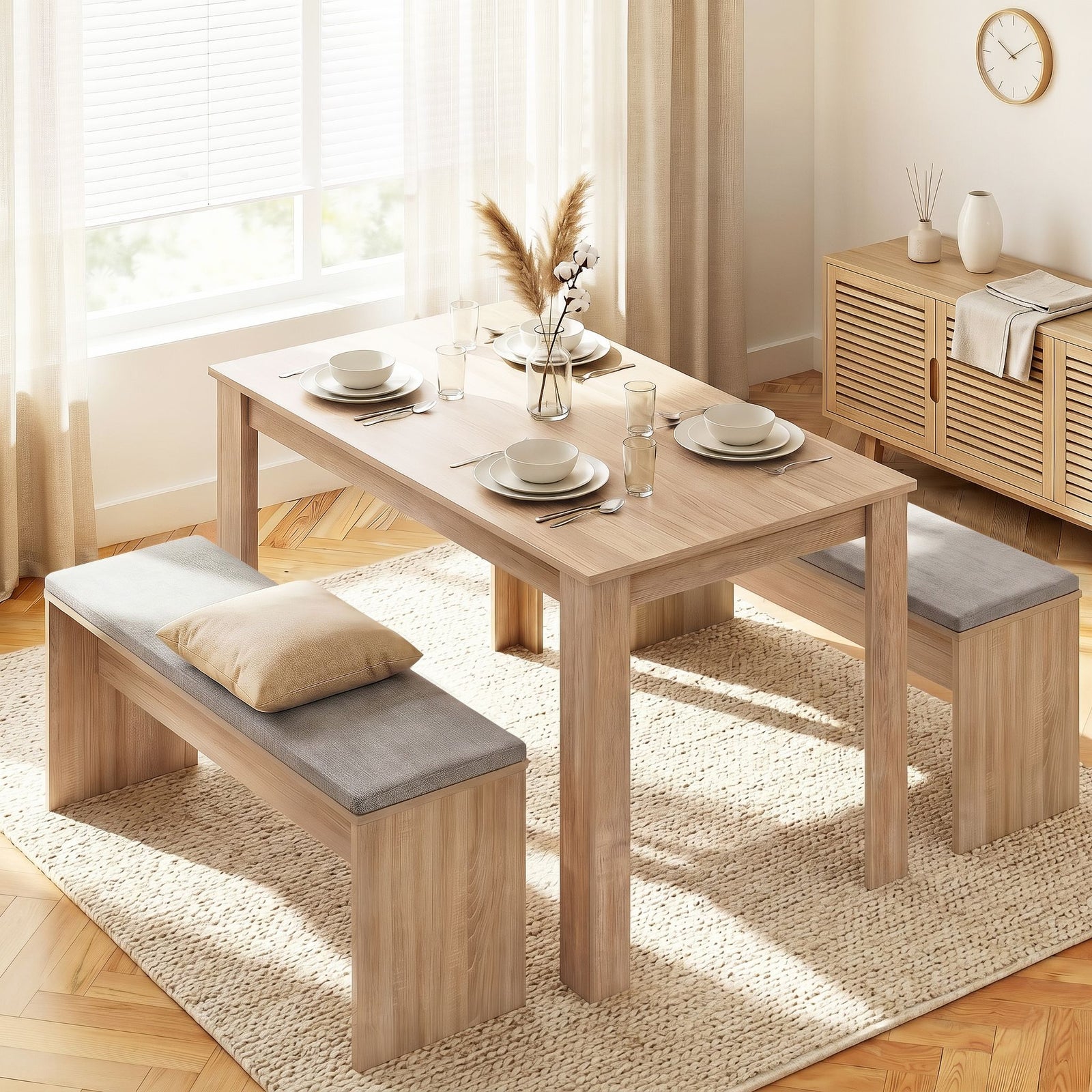 Artiss 3‑Piece Dining Set – 120cm Oak Table + 2 Faux Linen Chairs, Modern Design