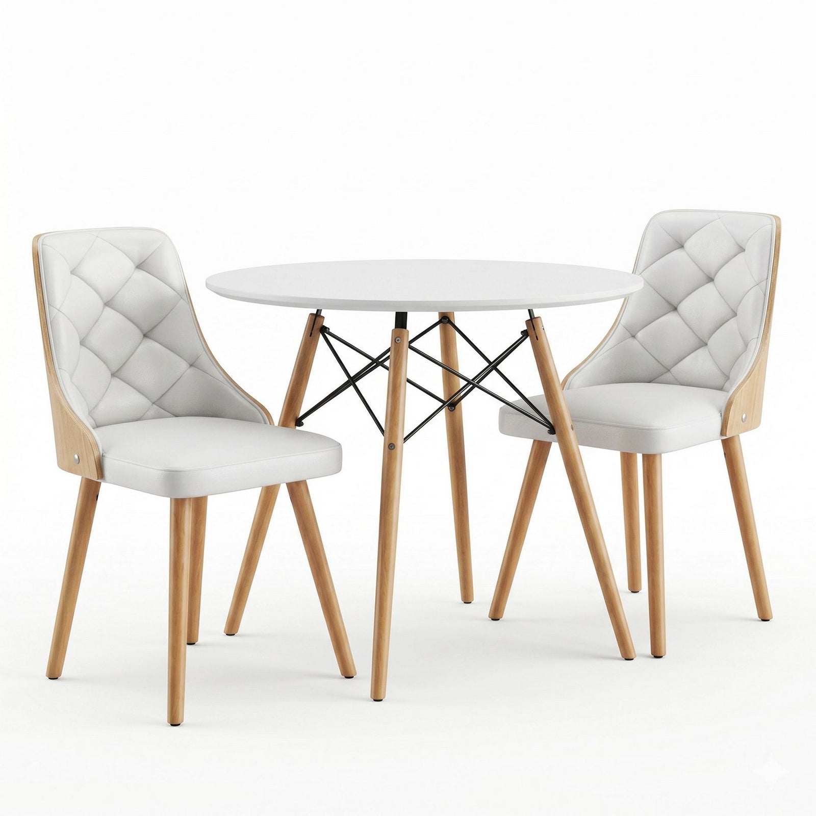 3‑Piece Round Dining Set – 90cm Table + 2 PU Leather Chairs, White