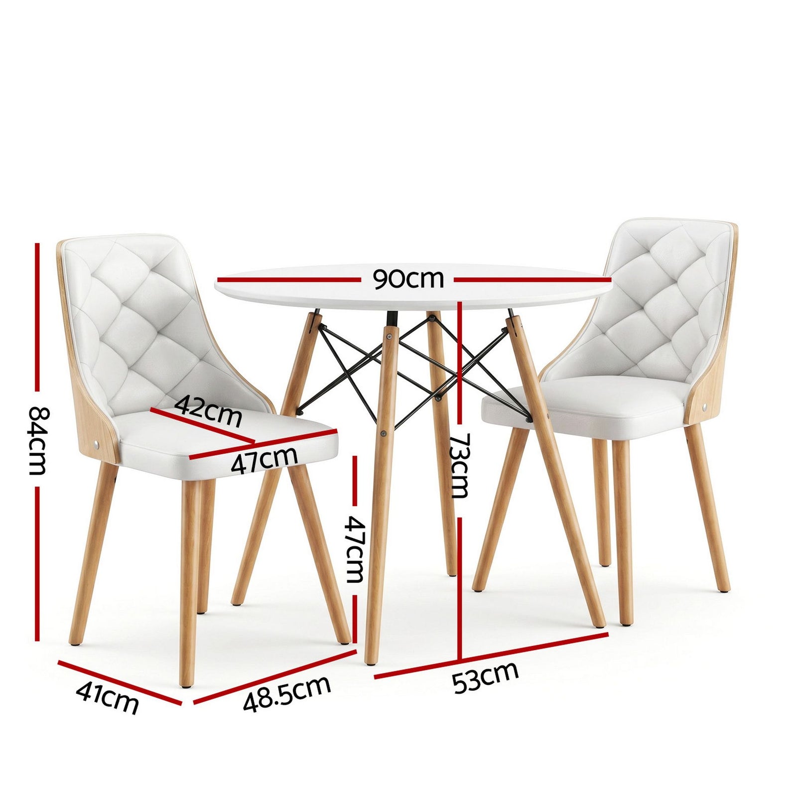 3‑Piece Round Dining Set – 90cm Table + 2 PU Leather Chairs, White