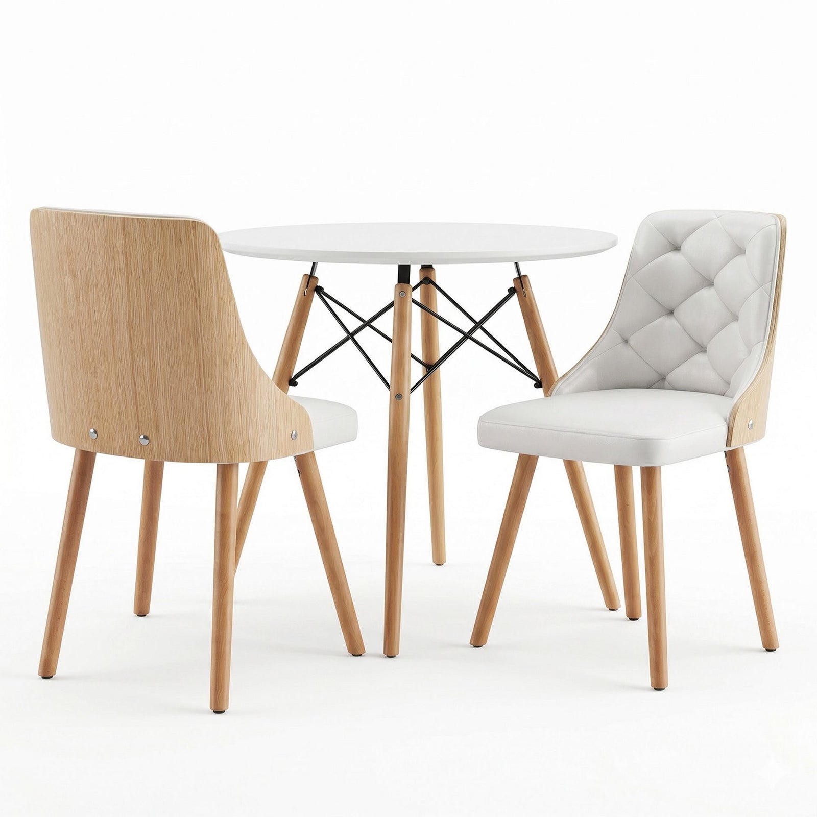 3‑Piece Round Dining Set – 90cm Table + 2 PU Leather Chairs, White