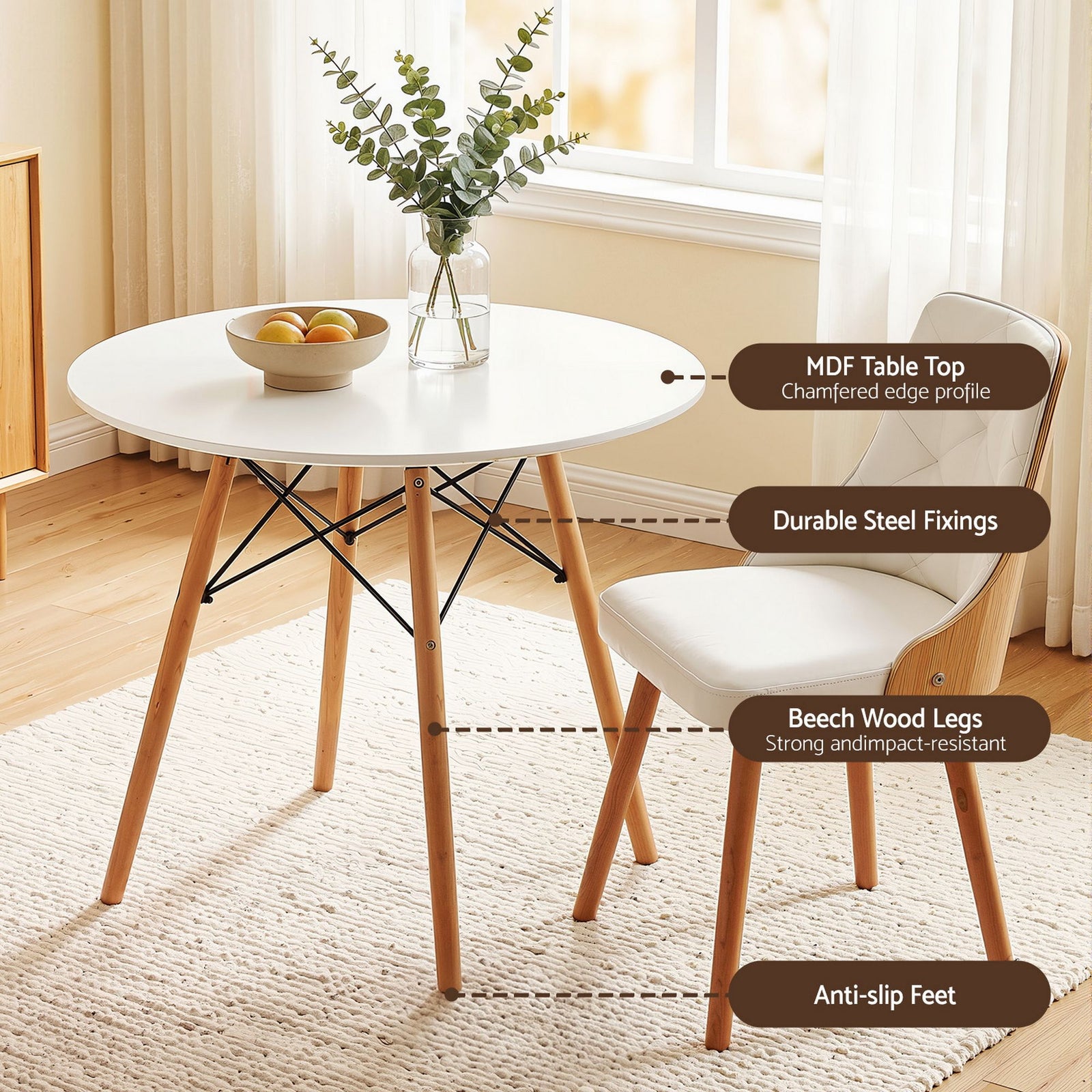 3‑Piece Round Dining Set – 90cm Table + 2 PU Leather Chairs, White