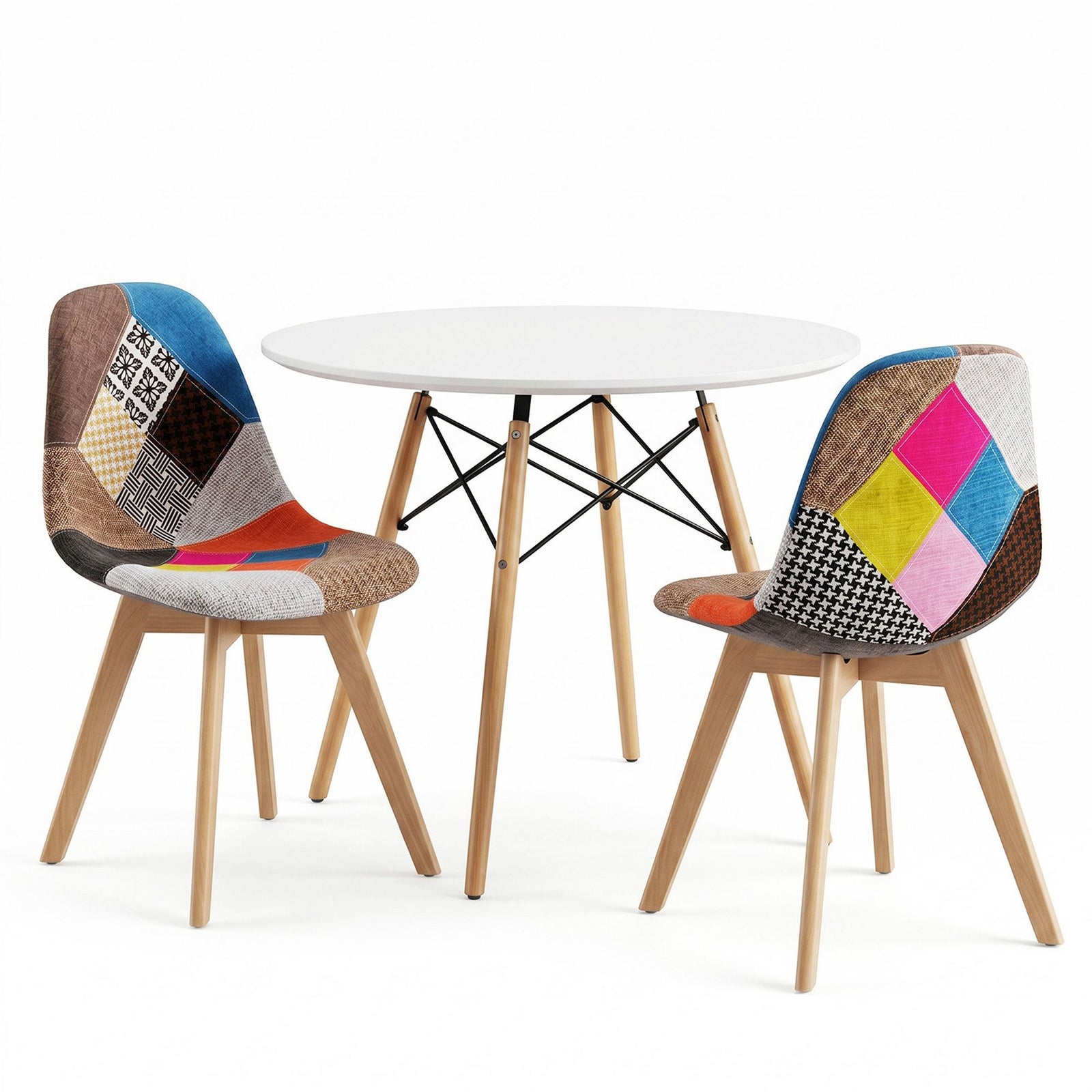 3‑Piece Dining Set – 90cm Round Table & 2 Fabric Eiffel Chairs (White)