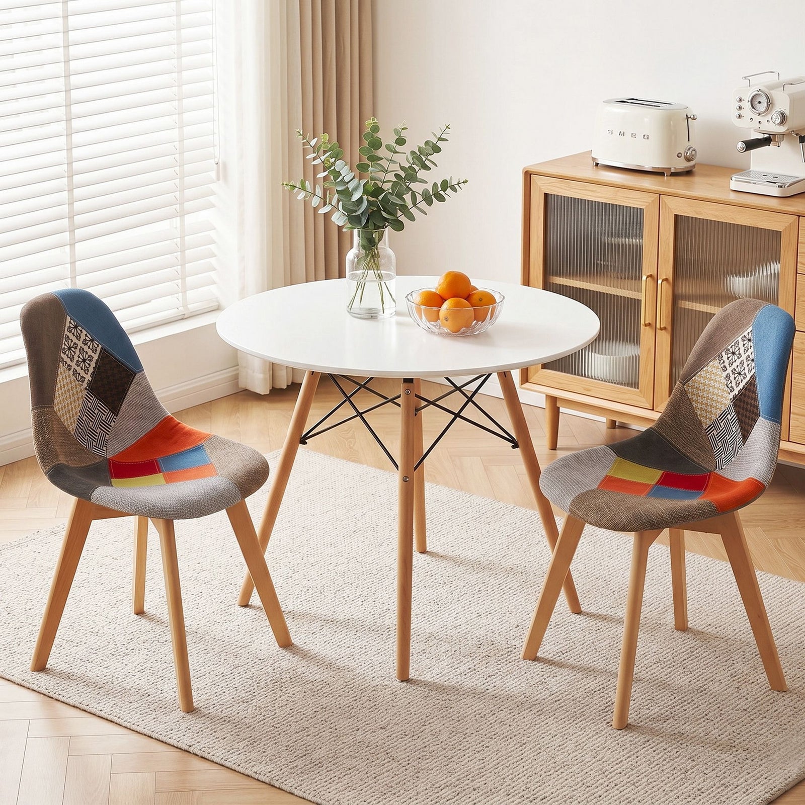 3‑Piece Dining Set – 90cm Round Table & 2 Fabric Eiffel Chairs (White)