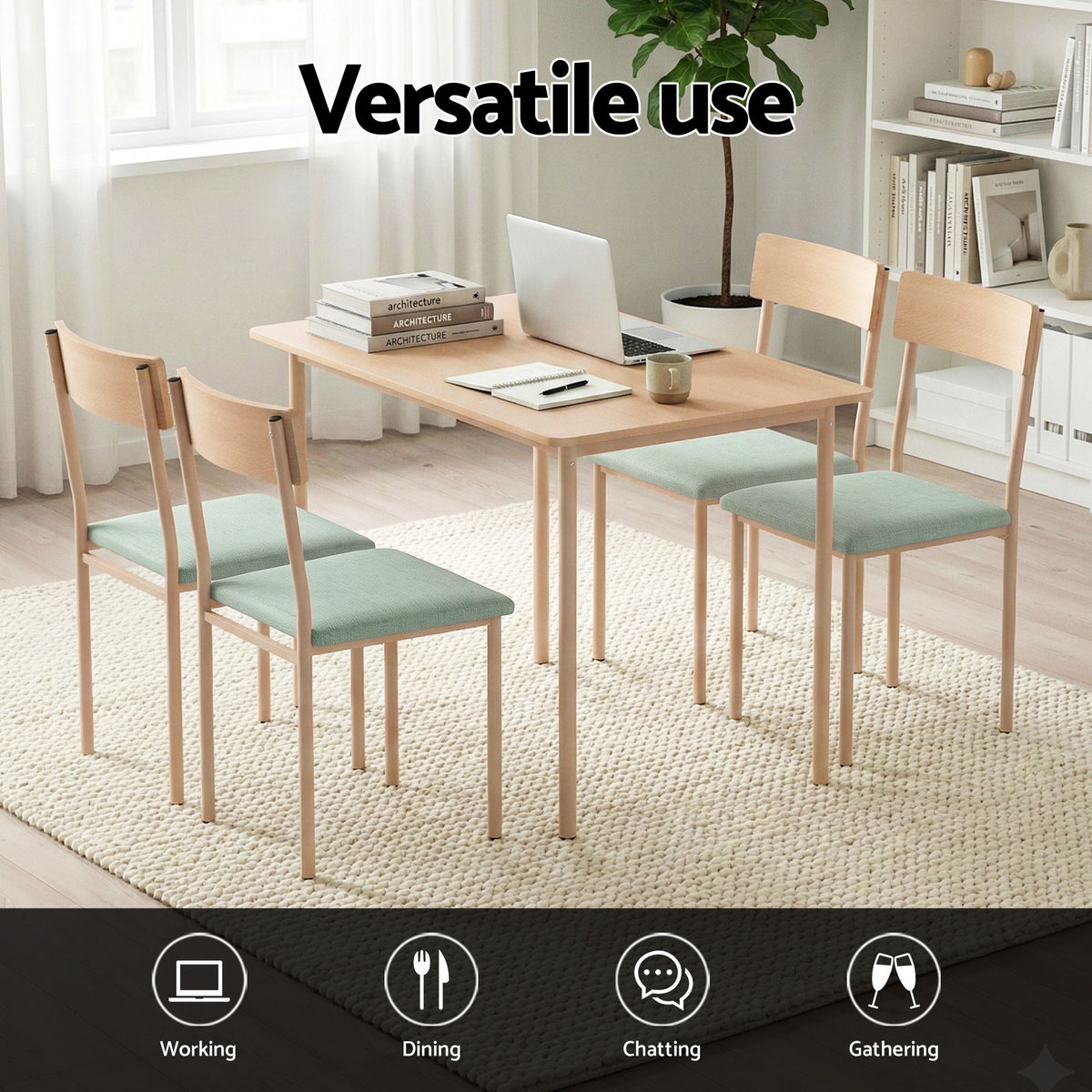 Artiss 5 Piece Dining Set 4 Seater Scandi Table and Chairs Compact Natural Green
