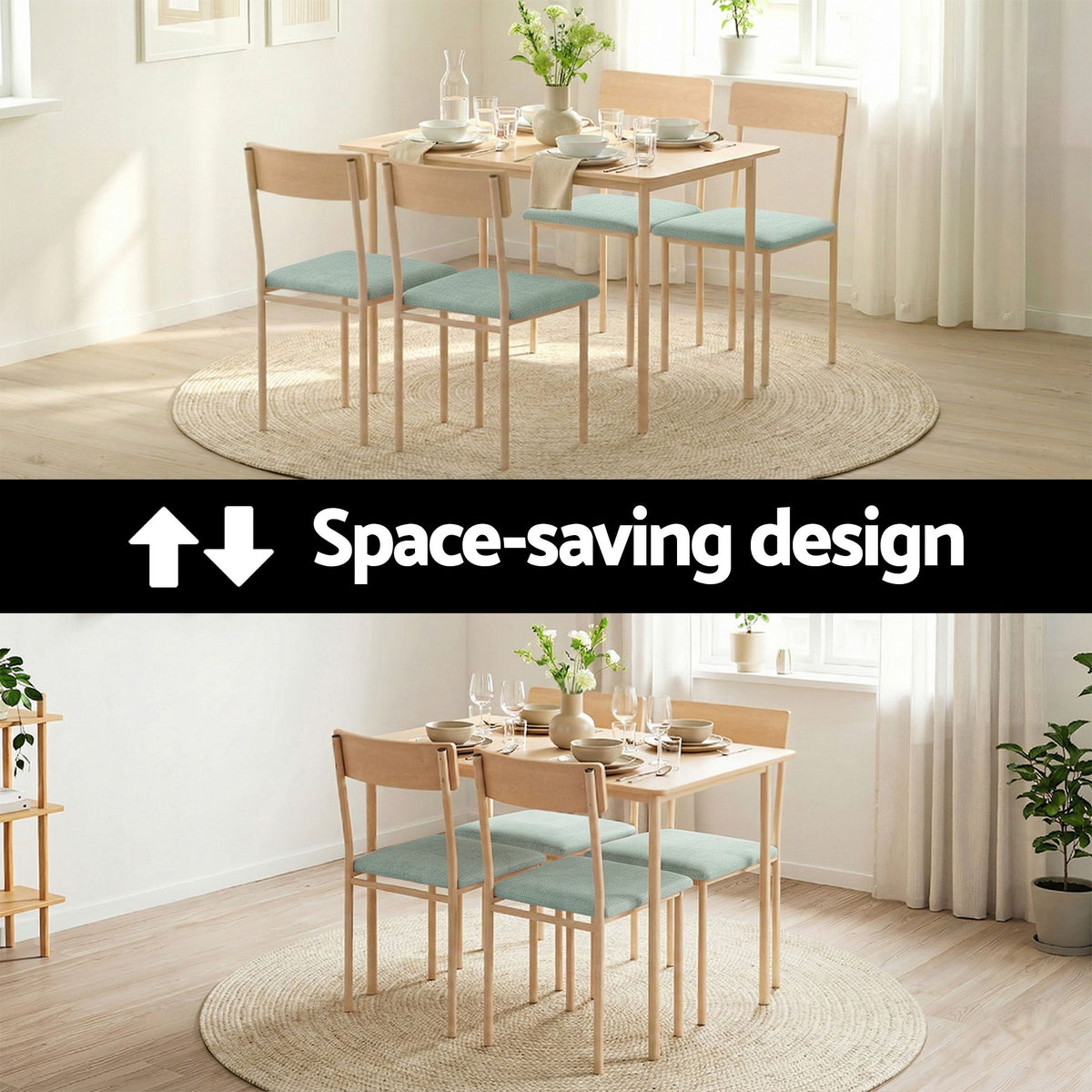Artiss 5 Piece Dining Set 4 Seater Scandi Table and Chairs Compact Natural Green