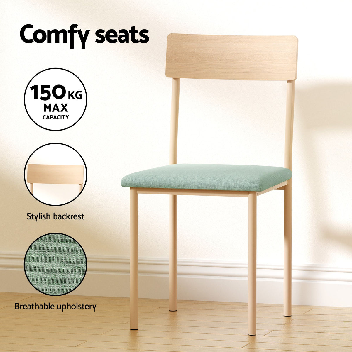 Artiss 5 Piece Dining Set 4 Seater Scandi Table and Chairs Compact Natural Green