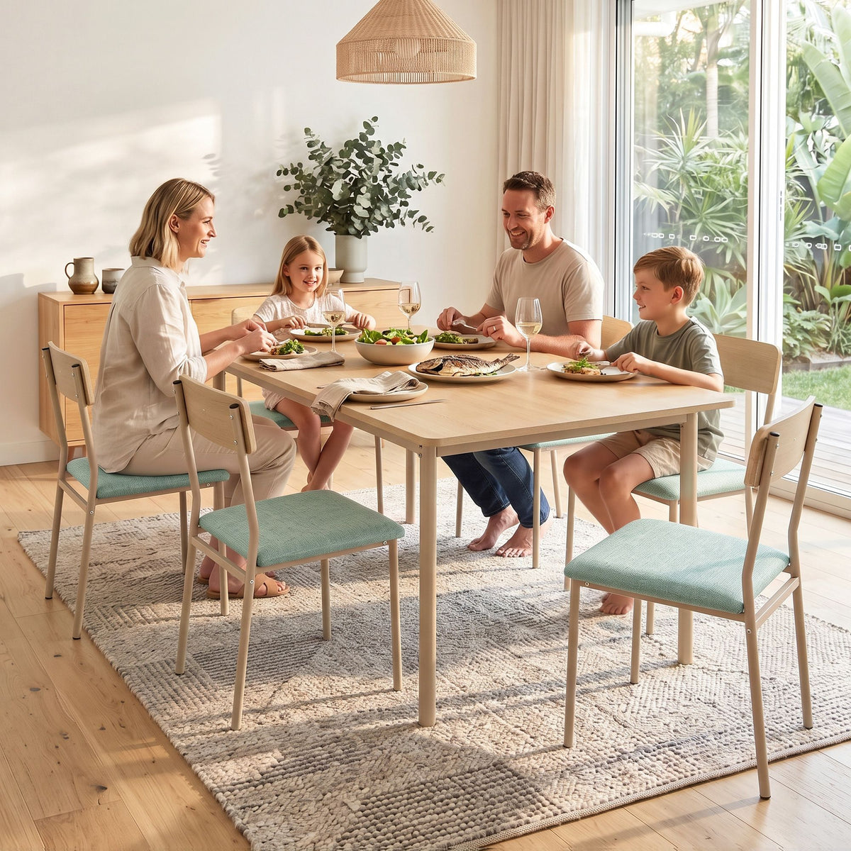 Artiss 5 Piece Dining Set 4 Seater Scandi Table and Chairs Compact Natural Green