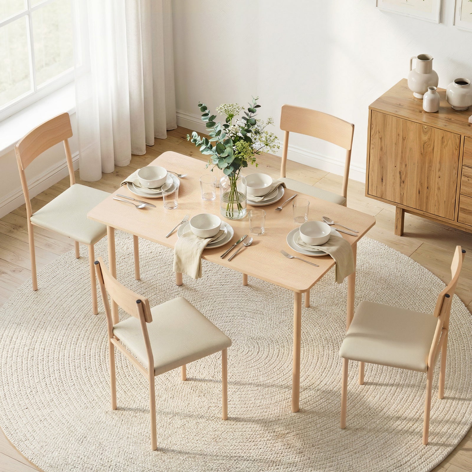 Dining Table and Chairs Set of 5 Compact Kitchen Furniture Natural Beige