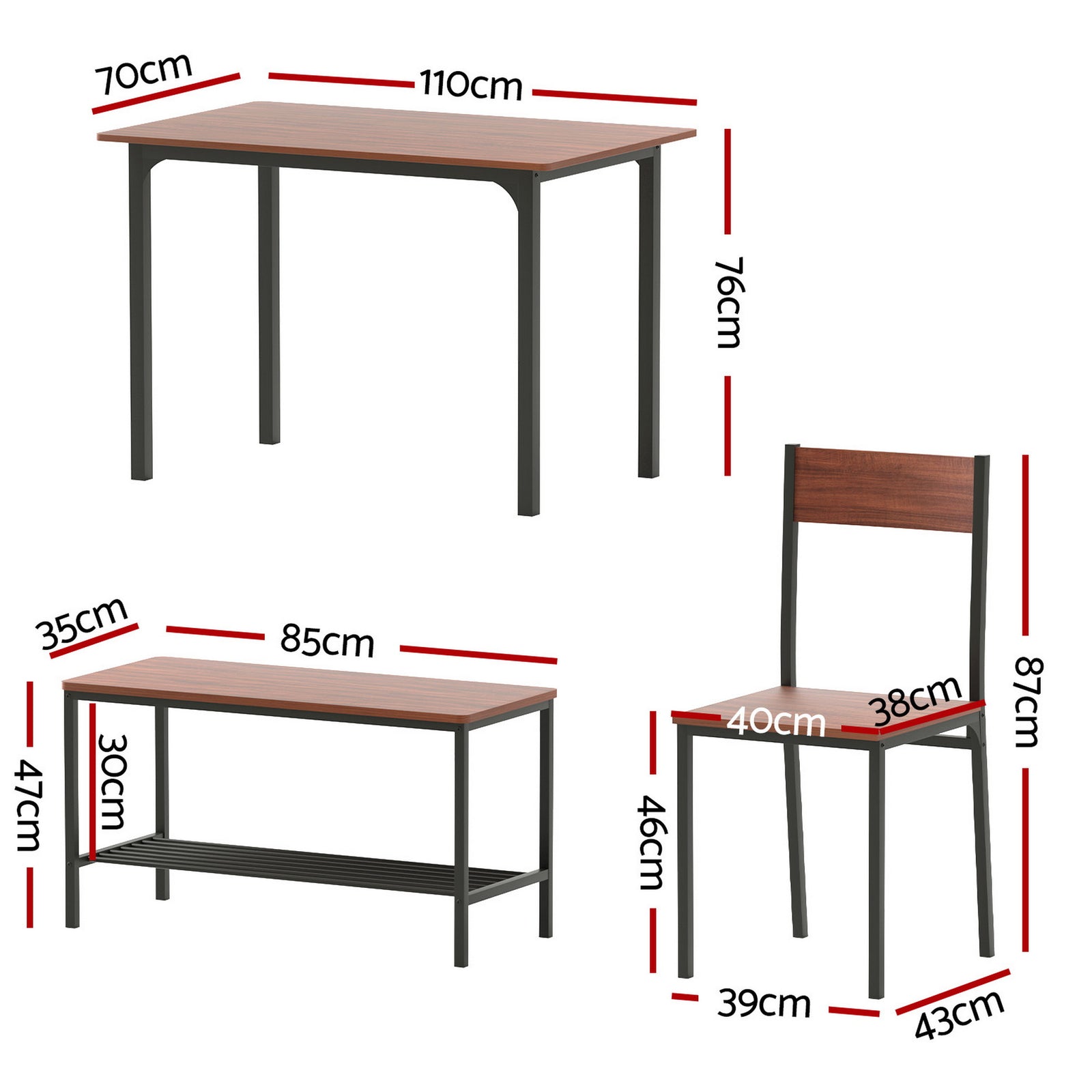 Dining Table and Chairs Set of 4 Storage Bench Kitchen Furniture Walnut
