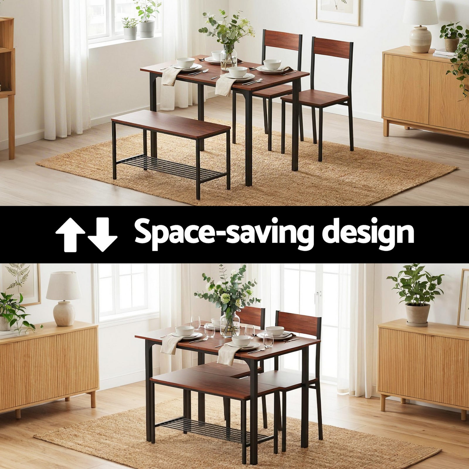 Dining Table and Chairs Set of 4 Storage Bench Kitchen Furniture Walnut