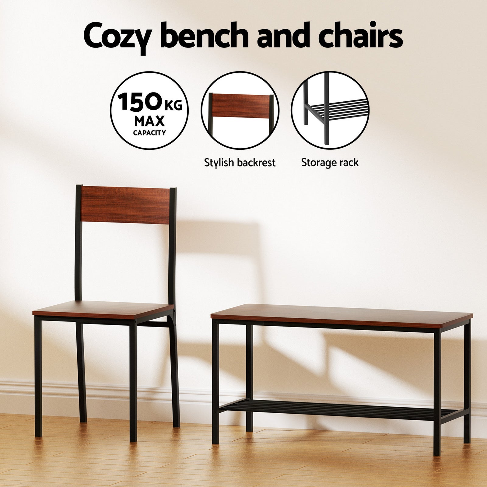 Dining Table and Chairs Set of 4 Storage Bench Kitchen Furniture Walnut