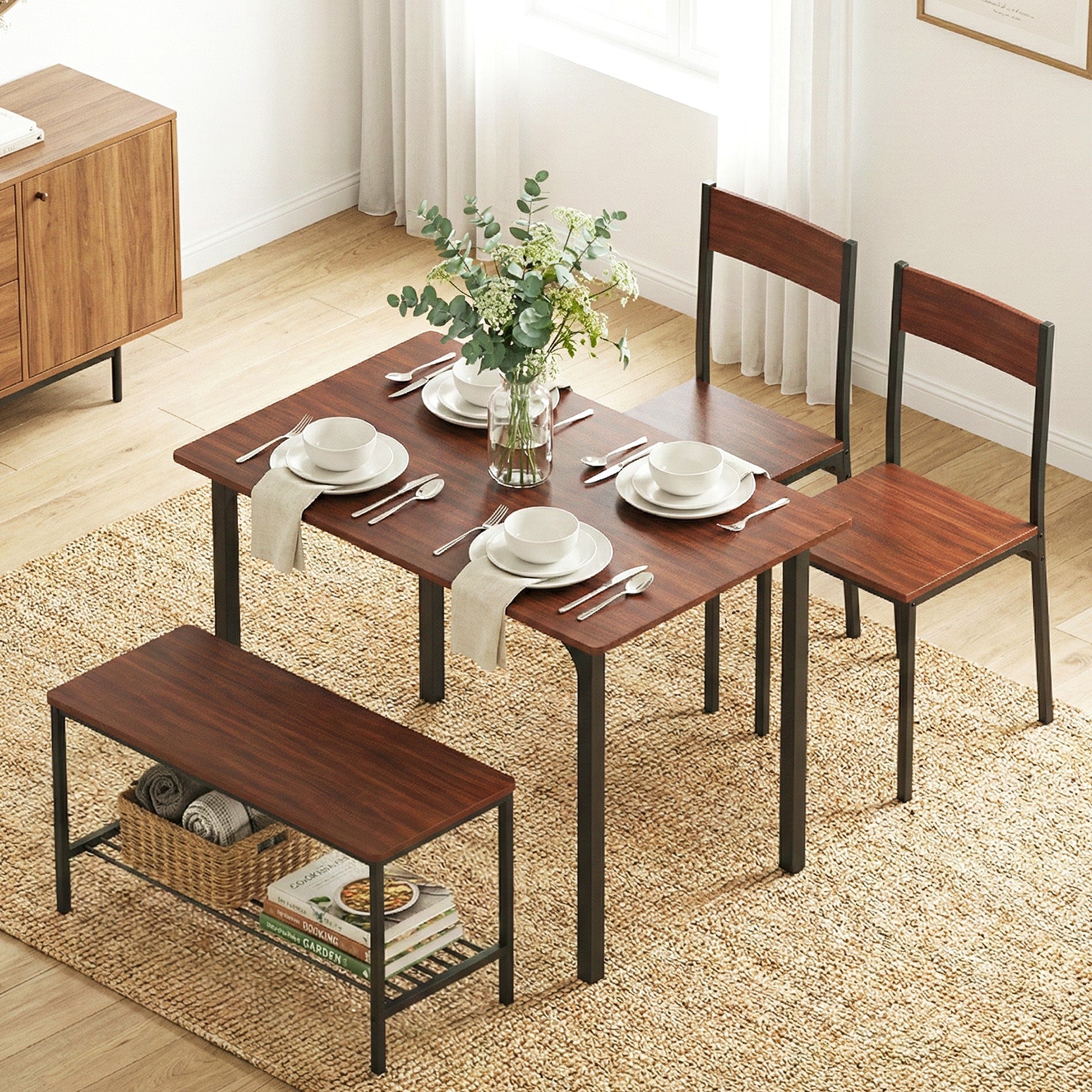 Dining Table and Chairs Set of 4 Storage Bench Kitchen Furniture Walnut