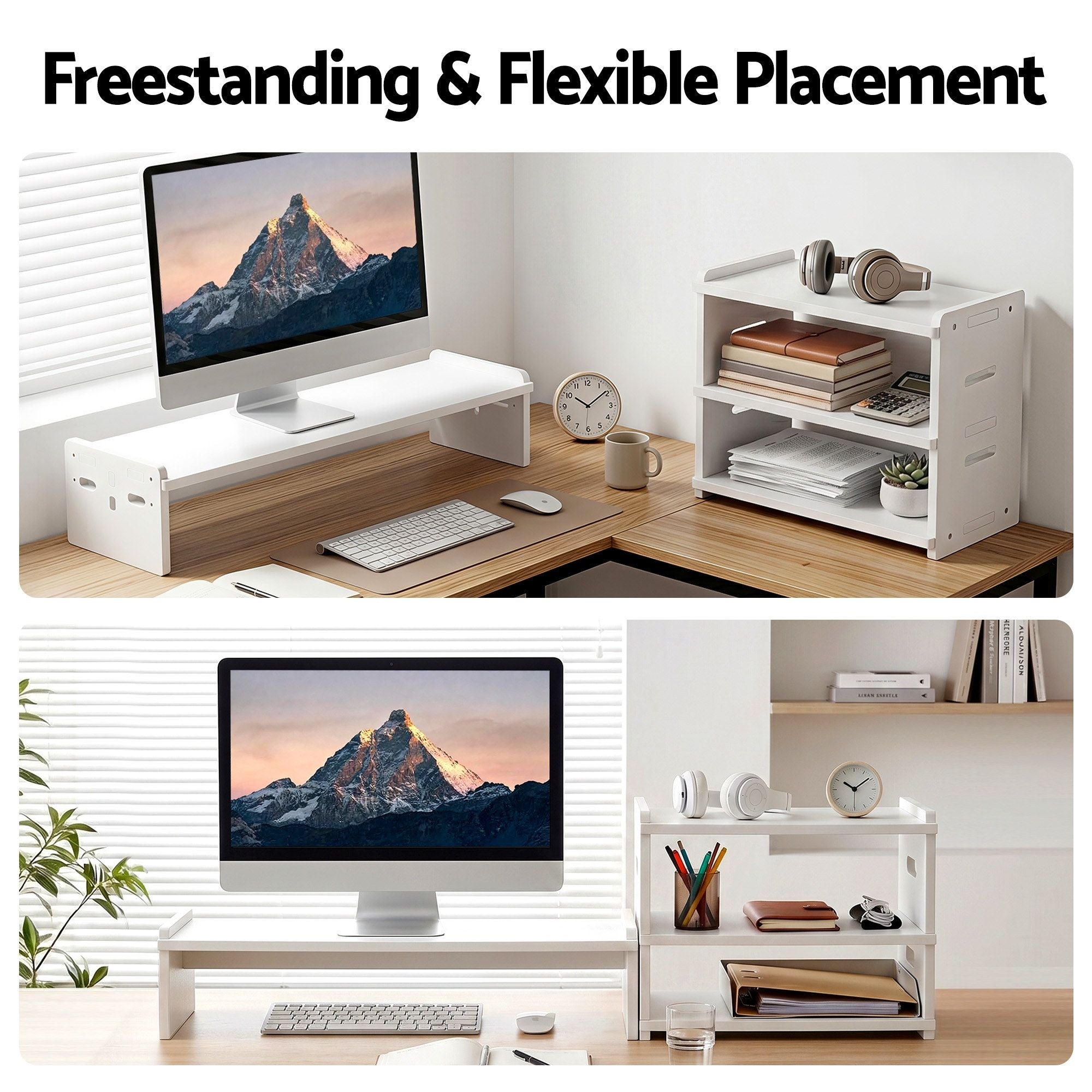 2‑in‑1 Desktop Organiser – Monitor Stand & 3‑Tier Shelf, PVC, 20kg Capacity