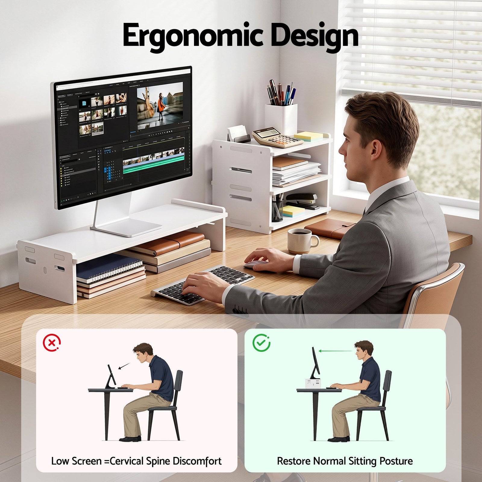 2‑in‑1 Desktop Organiser – Monitor Stand & 3‑Tier Shelf, PVC, 20kg Capacity