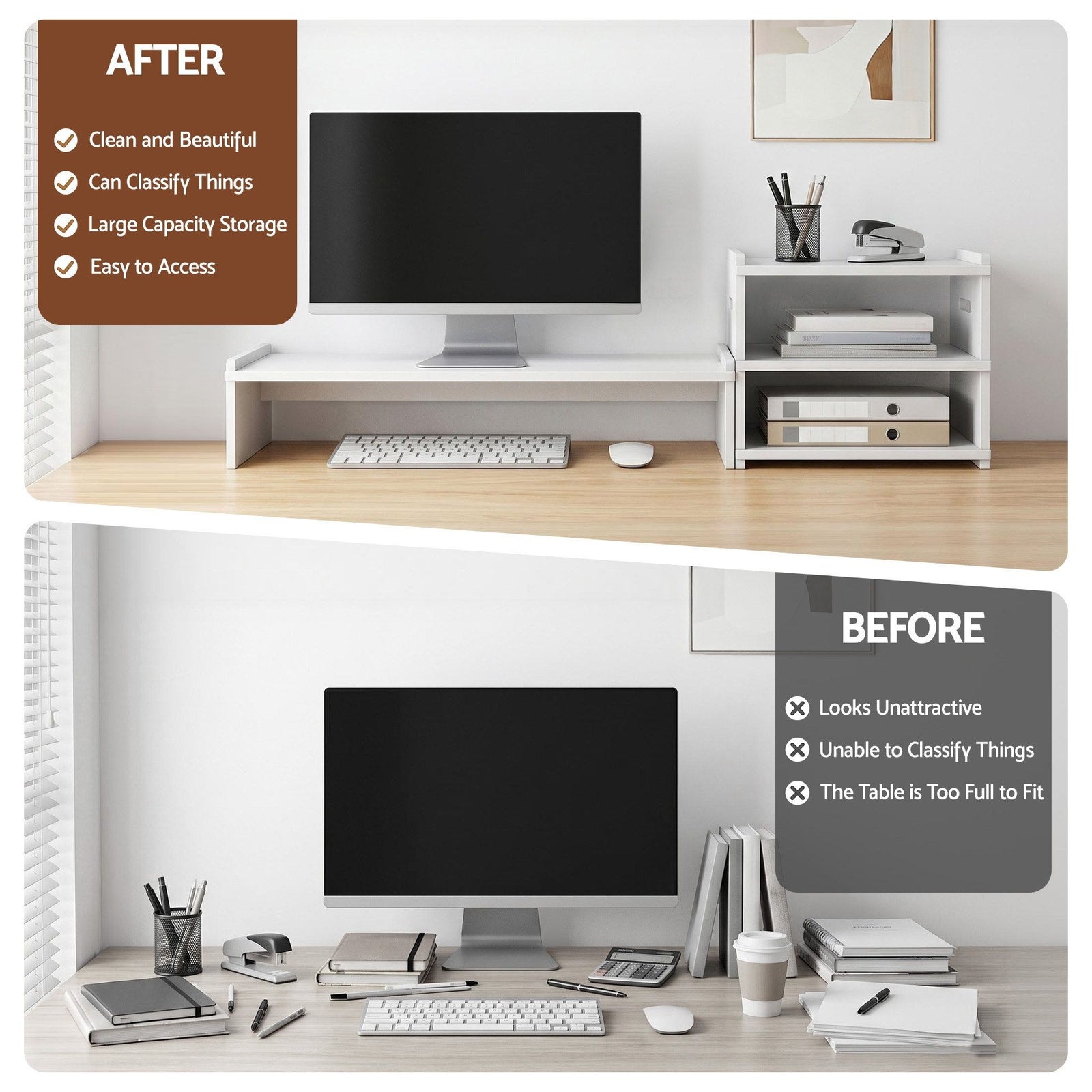2‑in‑1 Desktop Organiser – Monitor Stand & 3‑Tier Shelf, PVC, 20kg Capacity