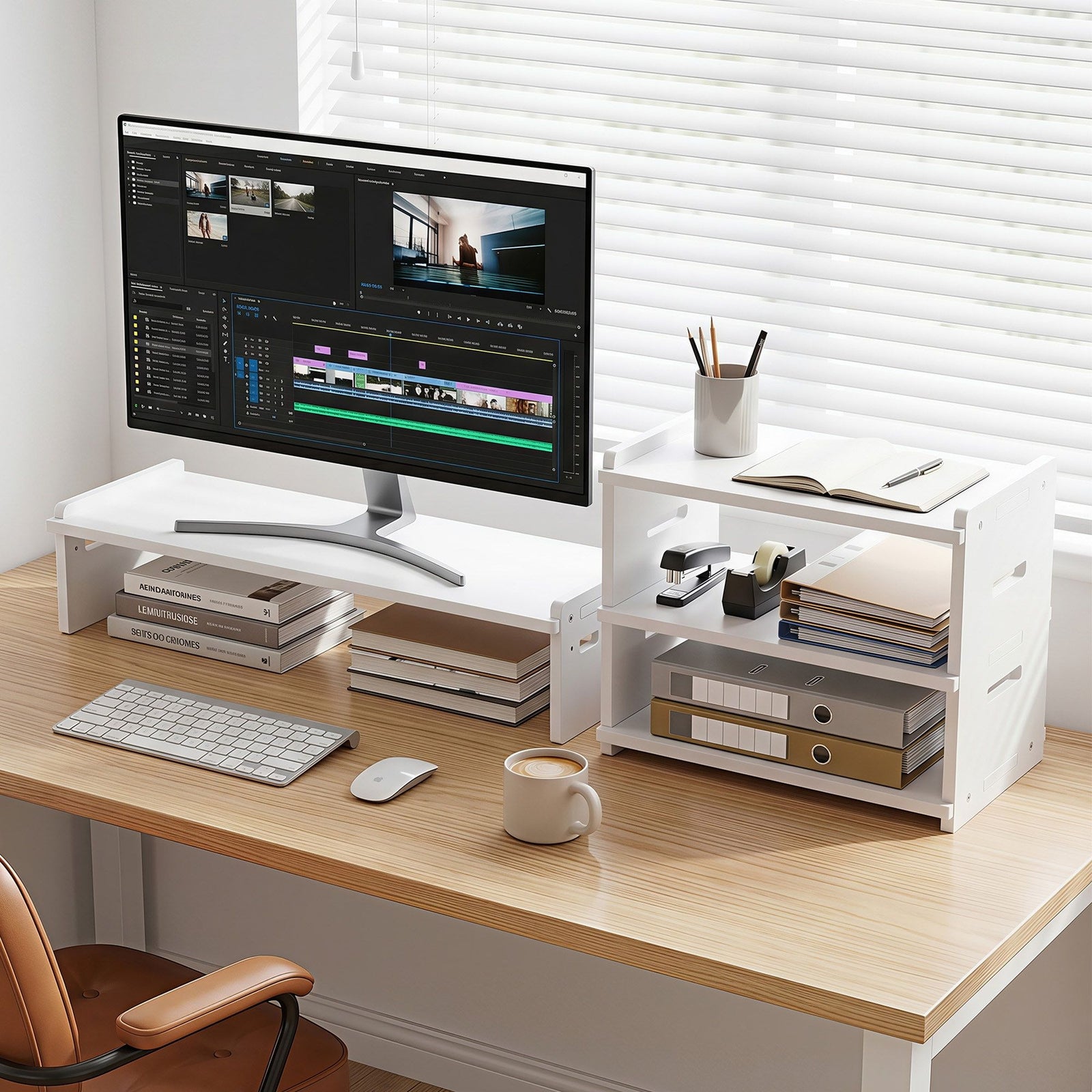 2‑in‑1 Desktop Organiser – Monitor Stand & 3‑Tier Shelf, PVC, 20kg Capacity