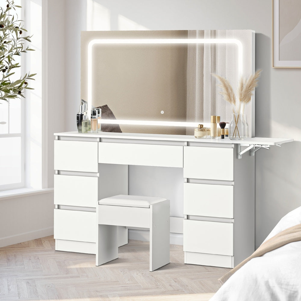 Dressing Table Stool Set with LED Makeup Mirror 7 Drawers