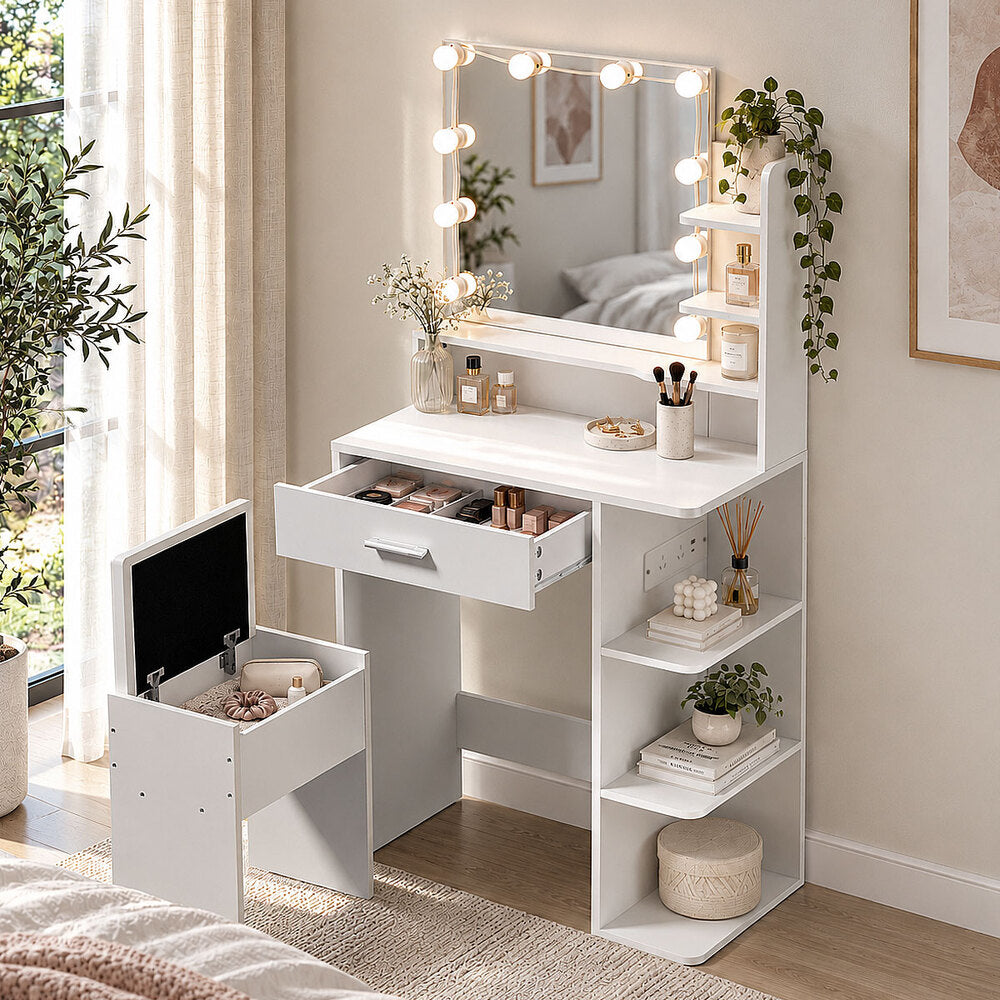 Oikiture Small Dressing Table Set LED Lights Makeup Mirror Desk White