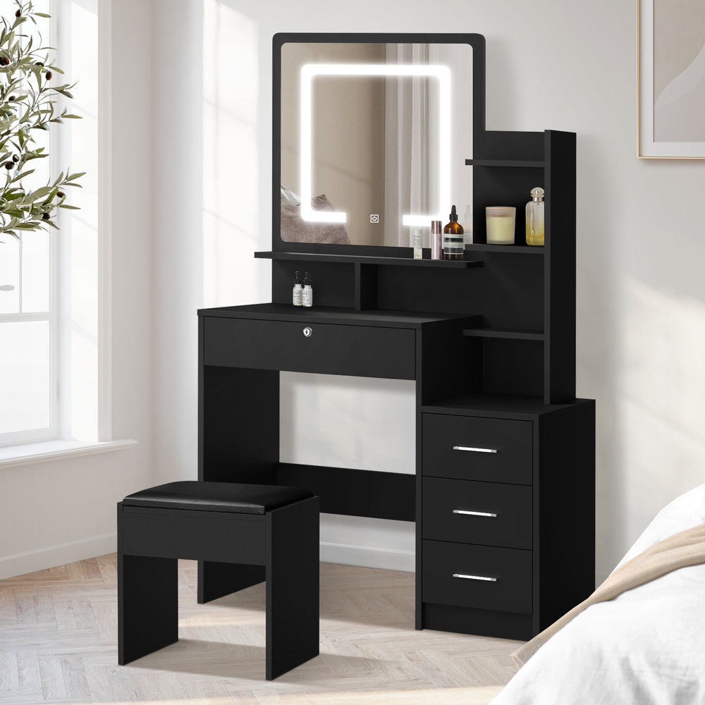 Oikiture Dressing Table Stool Set Makeup Mirror LED Light Storage Cabinet Black