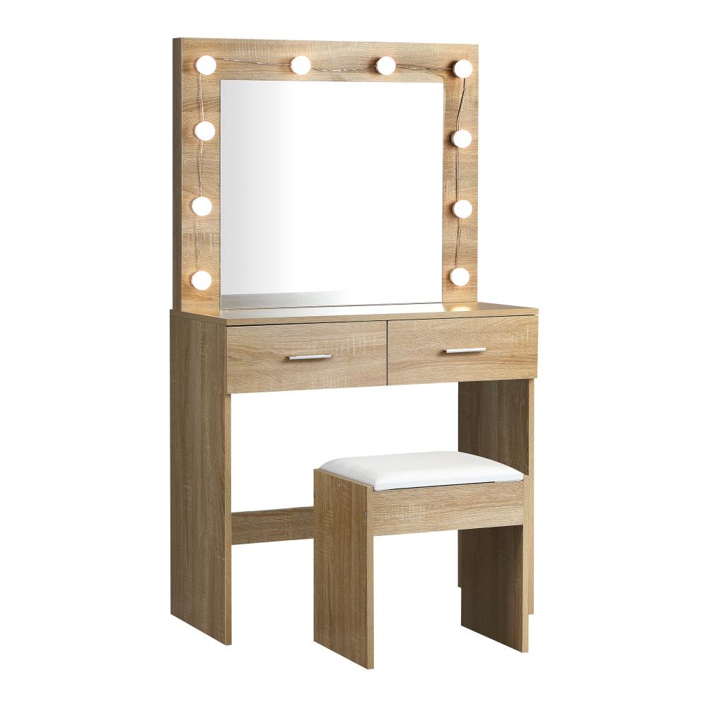 Dressing Table Stool Set Makeup Mirror 10 LED Bulbs Wooden