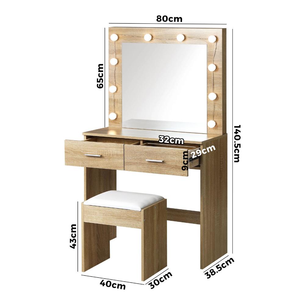 Dressing Table Stool Set Makeup Mirror 10 LED Bulbs Wooden