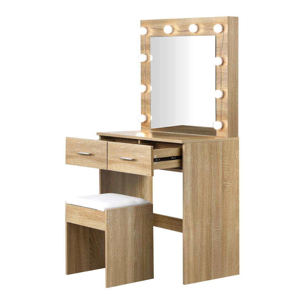 Dressing Table Stool Set Makeup Mirror 10 LED Bulbs Wooden