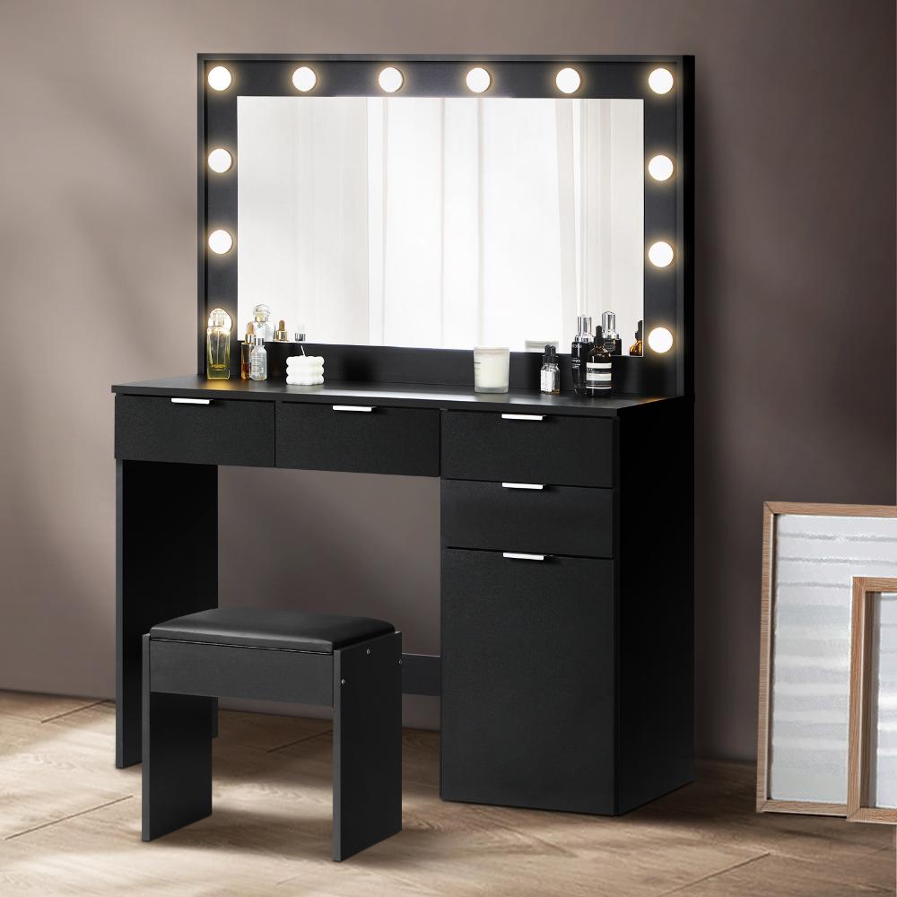 Dressing Table Stool Set Large Mirror 12 Bulbs Black