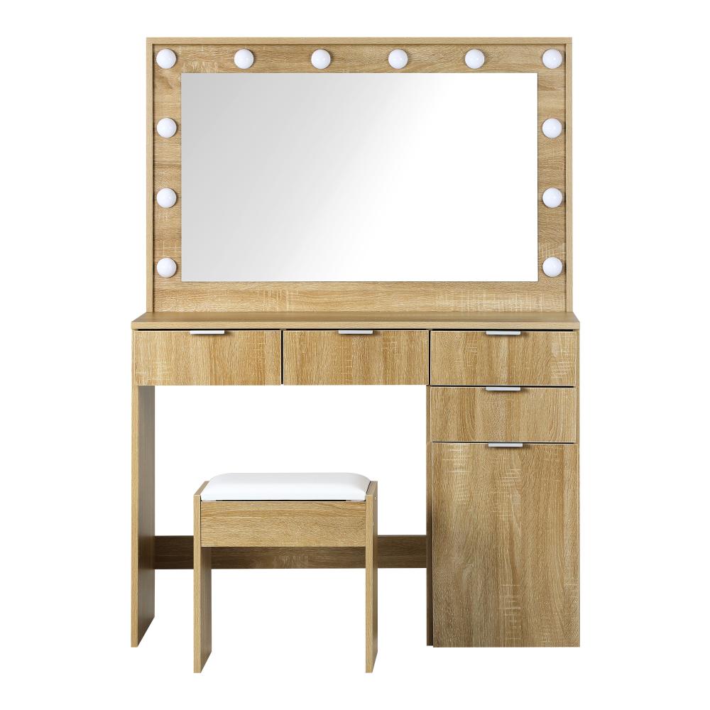 Dressing Table Stool Set Large Mirror 12 Bulbs Oak