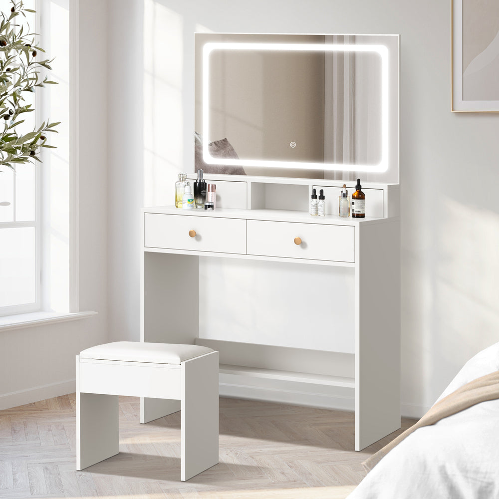 Dressing Table Stool Set LED Mirror White