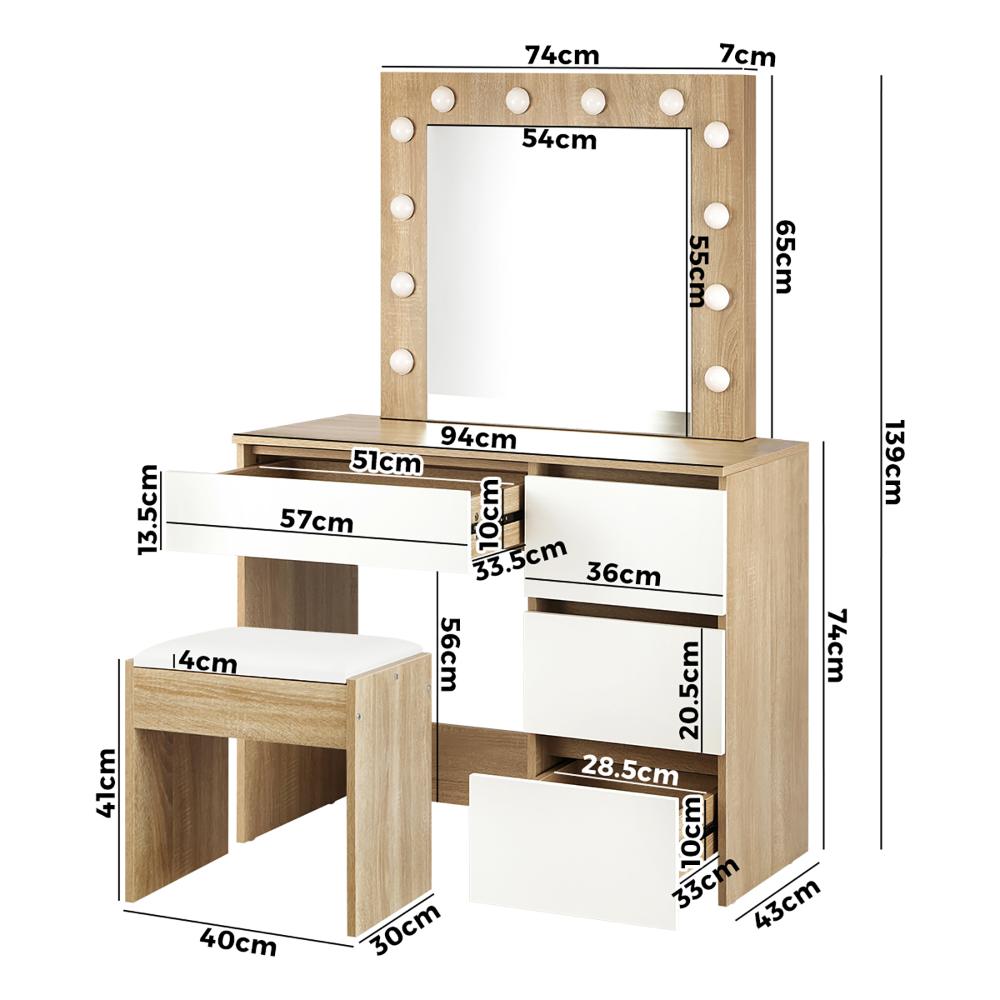 Dressing Table Stool Set 12 LED Bulbs Mirror Wooden&White