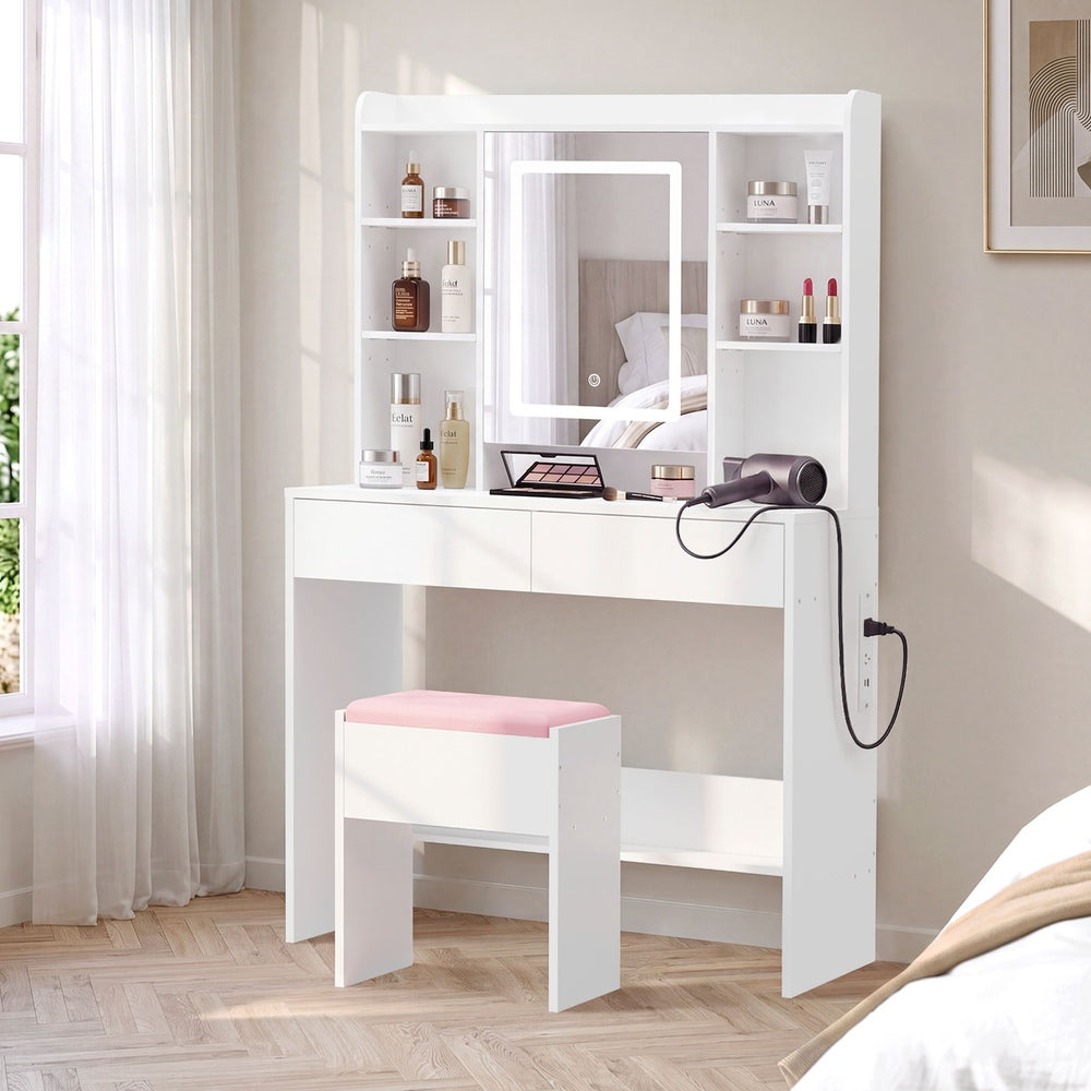 Oikiture Dressing Table Set Touch Control LED Mirror Charging White