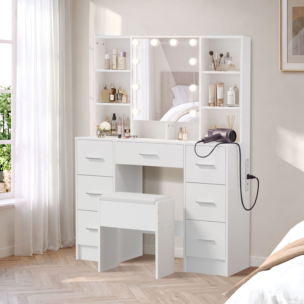 Oikiture Dressing Table Set 10 LED Bulbs Shelves 7 Drawers White