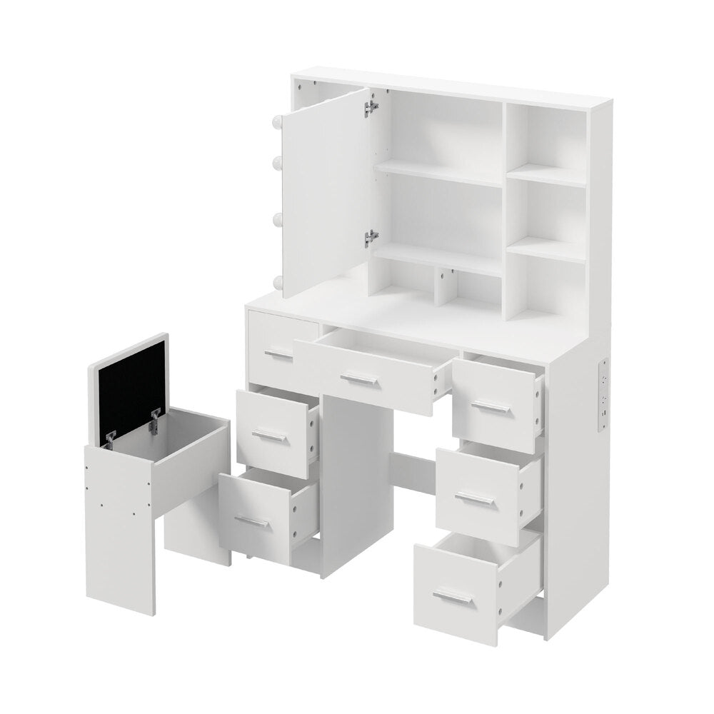 Oikiture Dressing Table Set 10 LED Bulbs Shelves 7 Drawers White