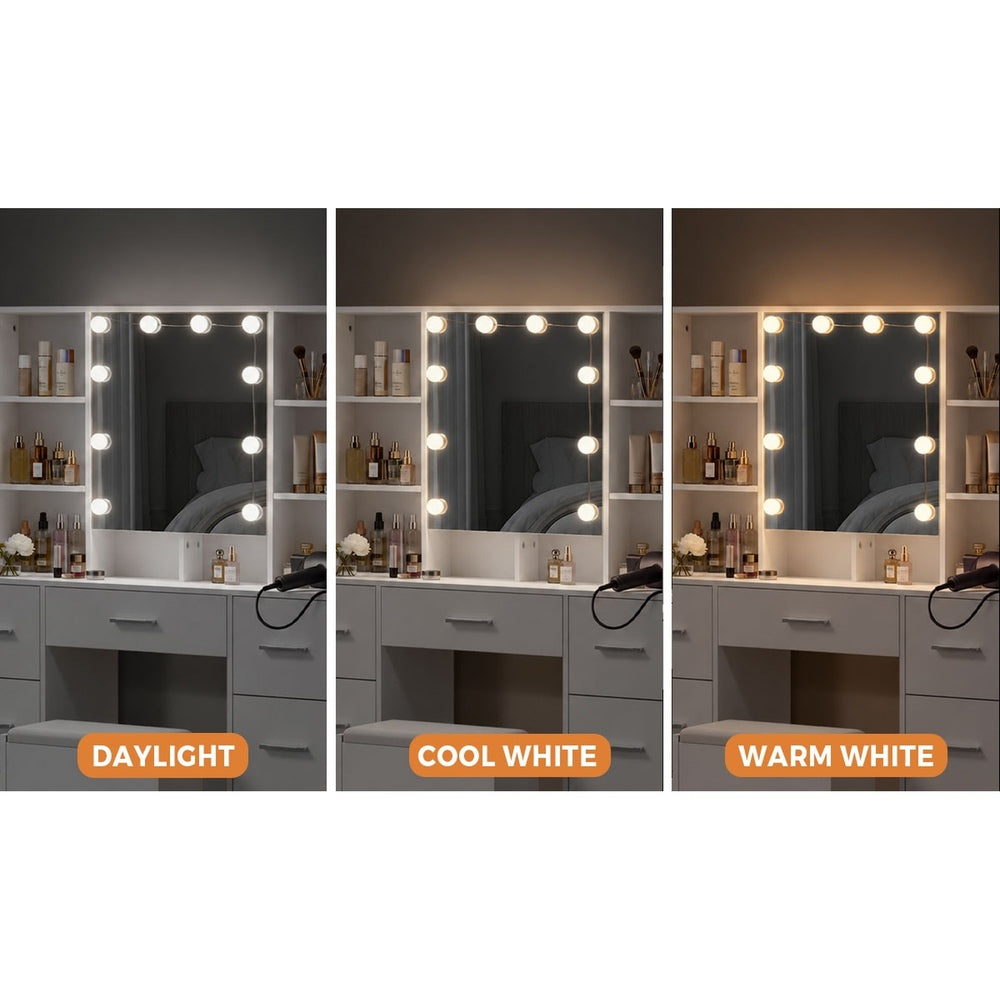 Oikiture Dressing Table Set 10 LED Bulbs Shelves 7 Drawers White