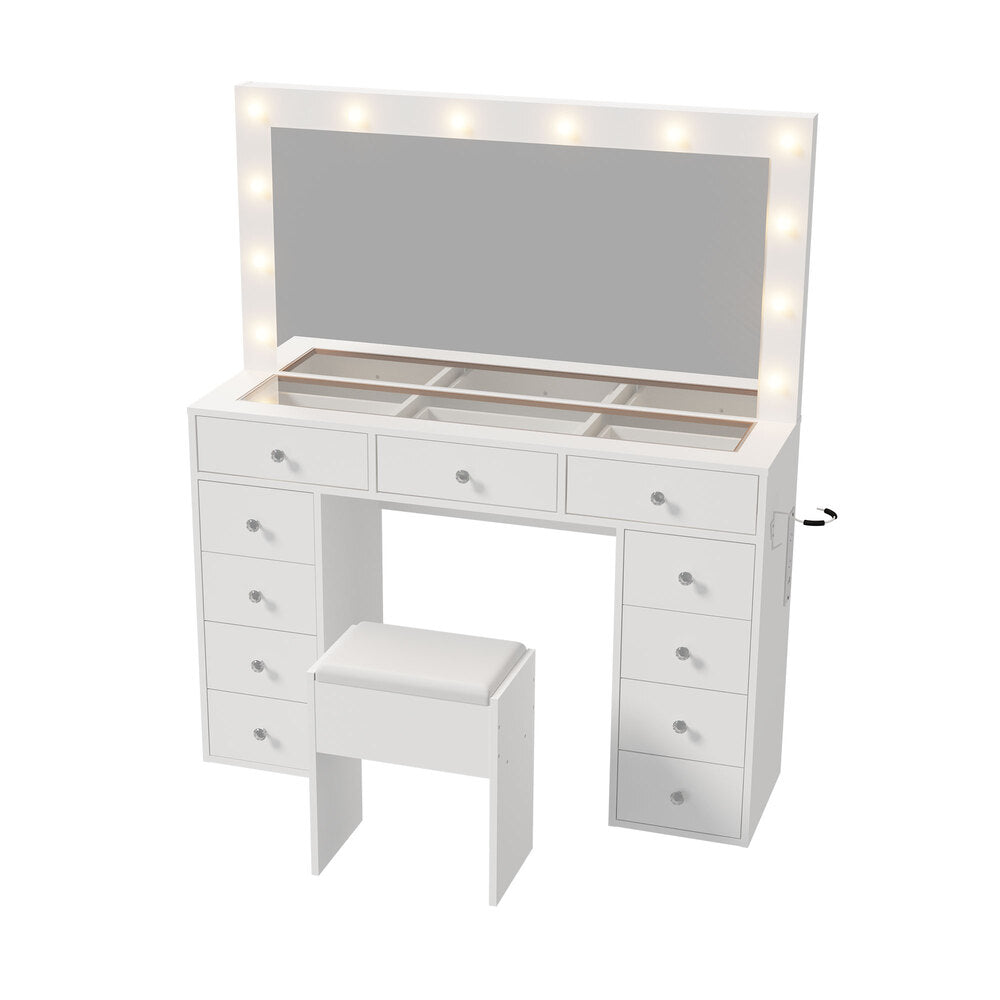 Oikiture Dressing Table Set LED Lights Glass Tabletop 11 Drawers White