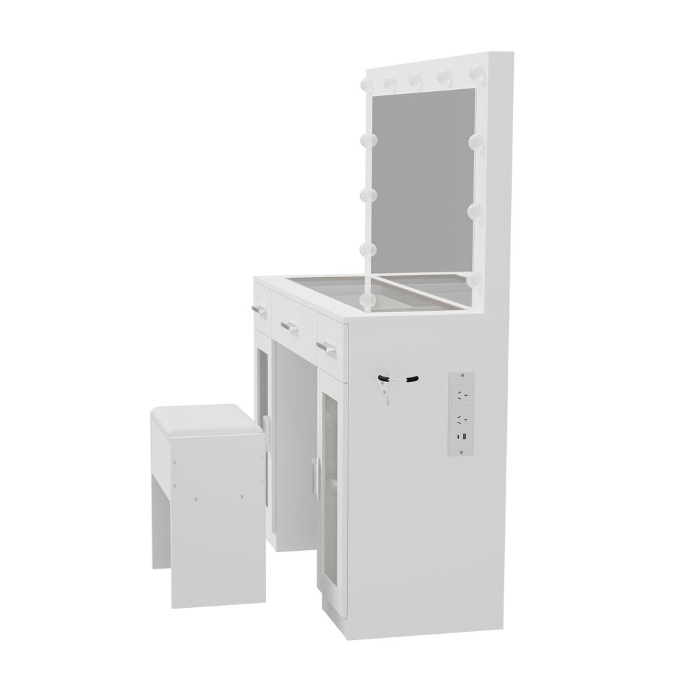 Oikiture Dressing Table Set LED Lights Glass Tabletop 11 Drawers White