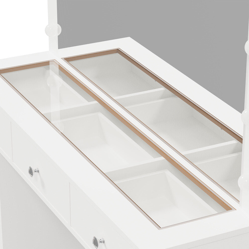 Oikiture Dressing Table Set LED Lights Glass Tabletop 11 Drawers White