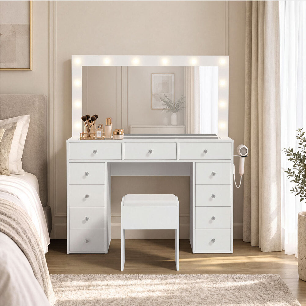 Oikiture Dressing Table Set LED Lights Glass Tabletop 11 Drawers White