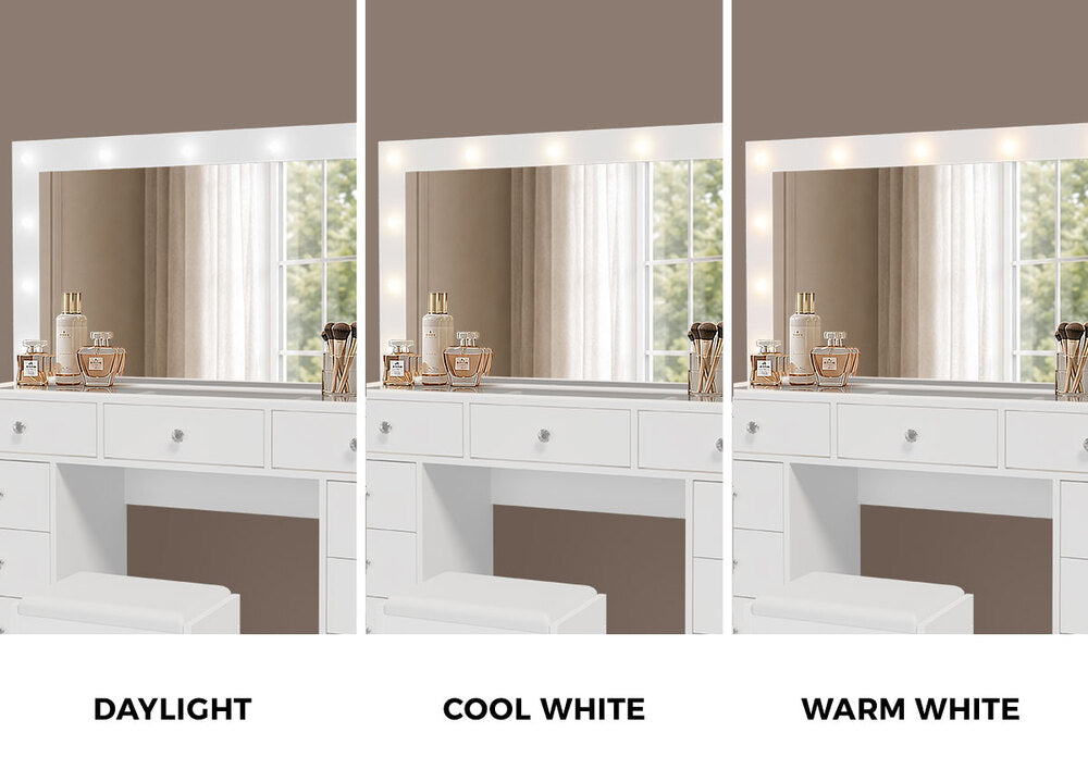 Oikiture Dressing Table Set LED Lights Glass Tabletop 11 Drawers White