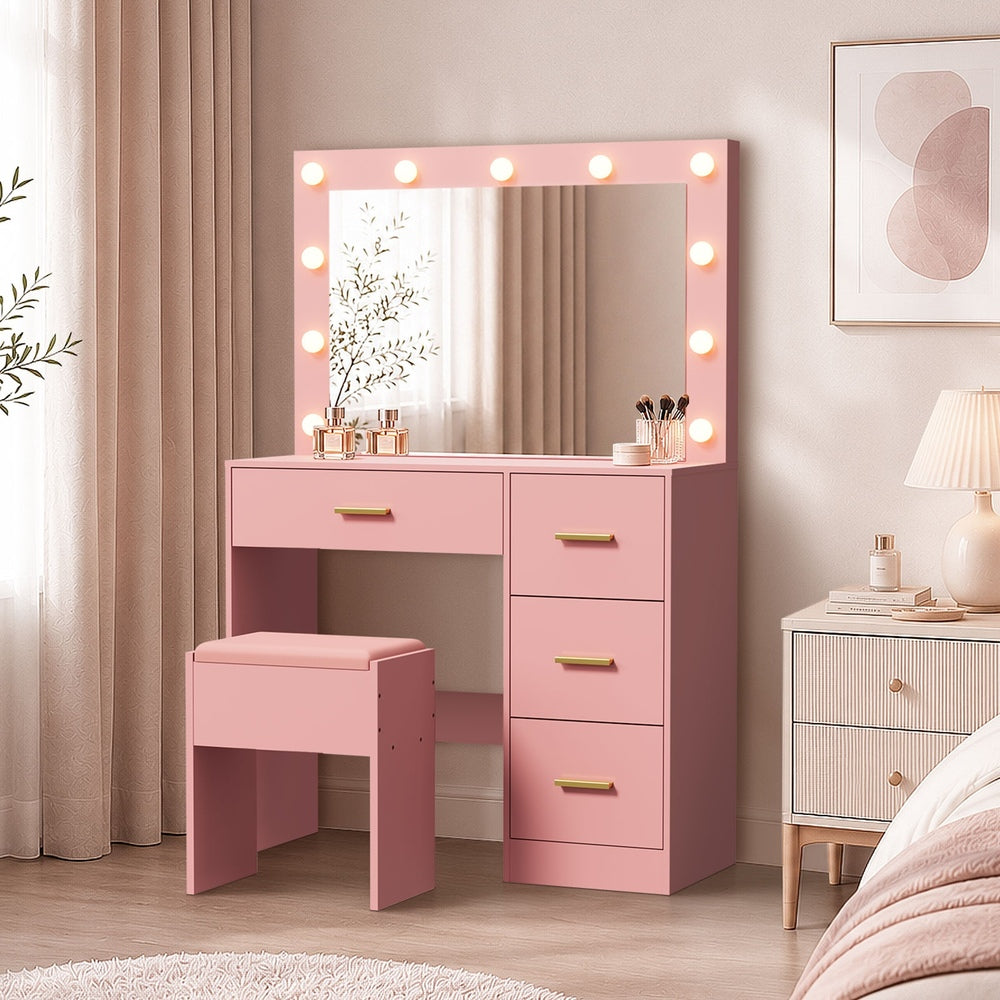 Oikiture Dressing Table Set 11 LED Bulb Mirror 4 Drawers Storage Stool Pink
