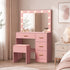 Oikiture Dressing Table Set 11 LED Bulb Mirror 4 Drawers Storage Stool Pink