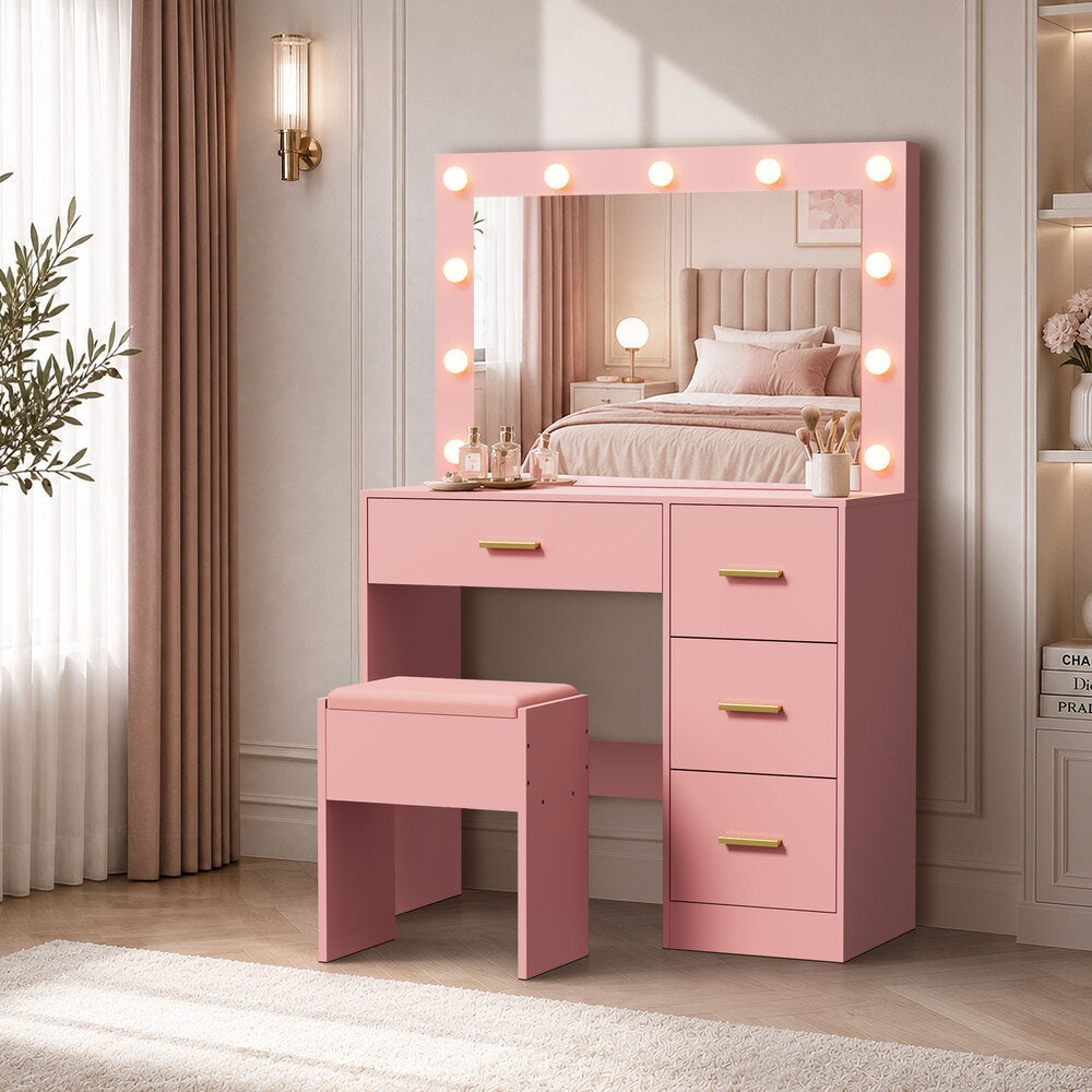 Oikiture Dressing Table Set 11 LED Bulb Mirror 4 Drawers Storage Stool Pink
