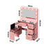 Oikiture Dressing Table Set 11 LED Bulb Mirror 4 Drawers Storage Stool Pink