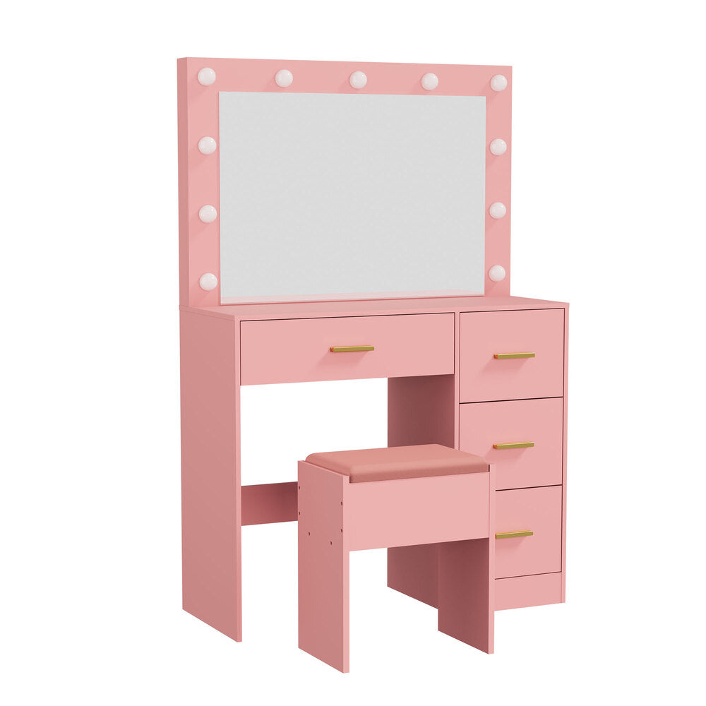 Oikiture Dressing Table Set 11 LED Bulb Mirror 4 Drawers Storage Stool Pink